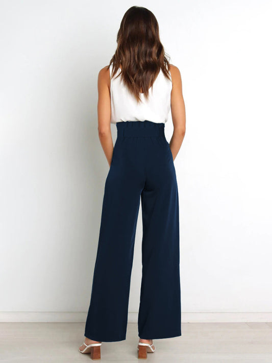 Women's Solid Color Casual All-Matching Belted Wide-Leg Trousers