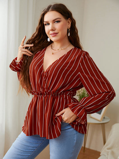 Plus size cotton loose striped style stitching lapel foreign style retro temperament commuter shirt