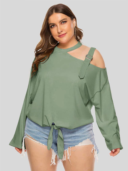 Plus size women's clothing -Shoulder Strap Hollow Bow Long Sleeve Slanted Shoulder T-Shirt