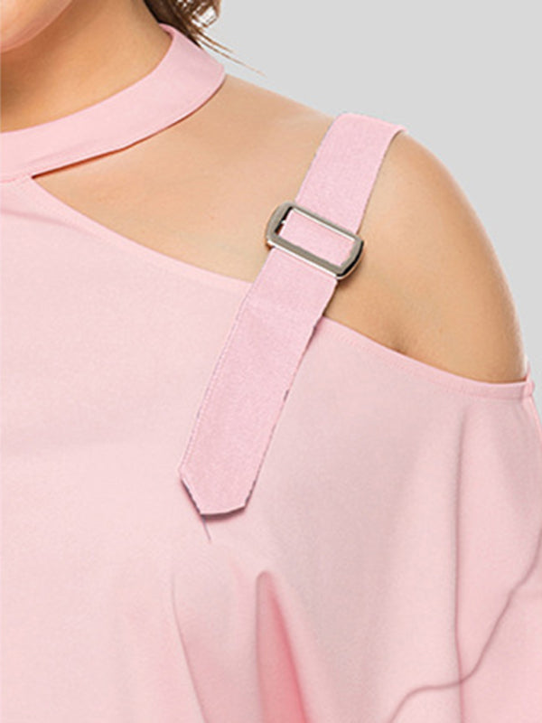 Plus size women's clothing -Shoulder Strap Hollow Bow Long Sleeve Slanted Shoulder T-Shirt