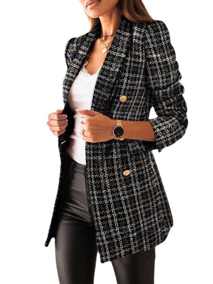 Women's long-sleeved double-breasted suit collar printed small jacket
