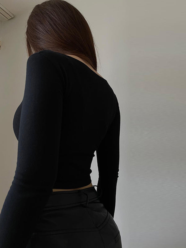 Women's Knit Square Neck Long Sleeve Cropped T-Shirt