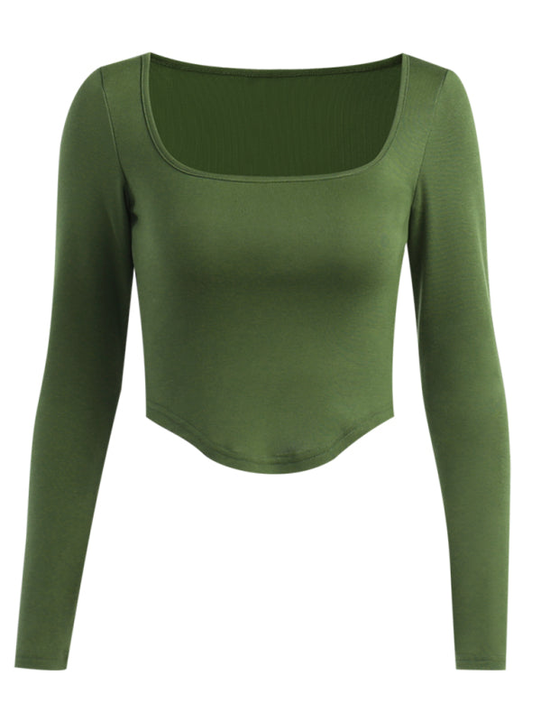 Women's Knit Square Neck Long Sleeve Cropped T-Shirt