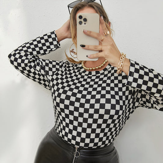 Plus Size Women's Knitted Skinny Checkerboard Round Neck Long Sleeve T-Shirt