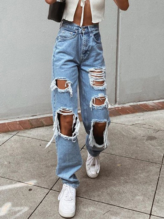 Women's Loose Ripped Straight Denim Trousers