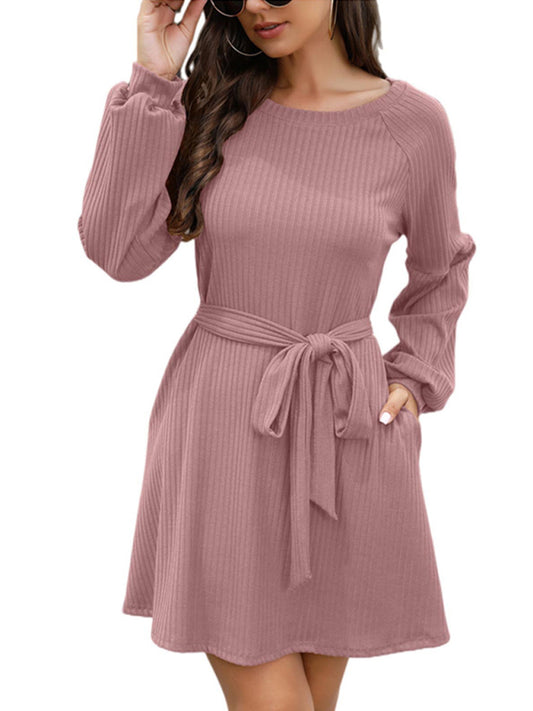 Ladies Mid Length Solid Color Belted Dress