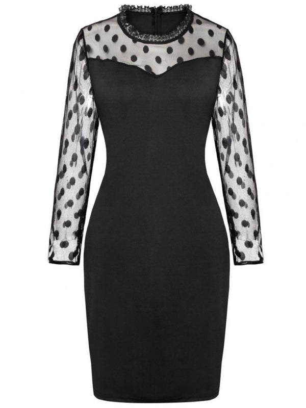 Women's polka dot mesh long-sleeved lace dress