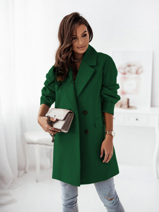 Long sleeve suit collar double breasted woolen coat new style temperament