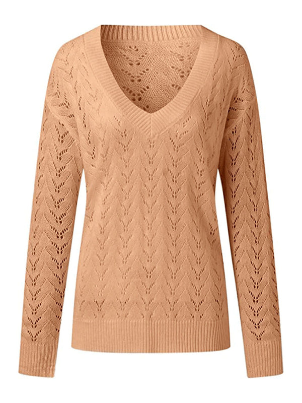 Women's sweater solid color hollow V-neck sweater is casual and comfortable