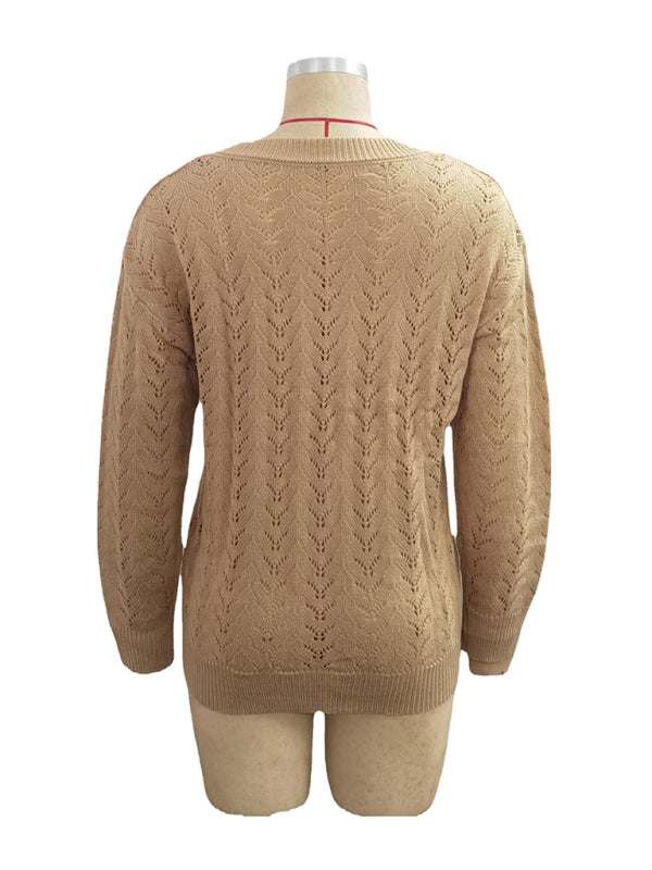 Women's sweater solid color hollow V-neck sweater is casual and comfortable