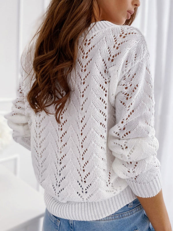 Women's sweater solid color hollow V-neck sweater is casual and comfortable