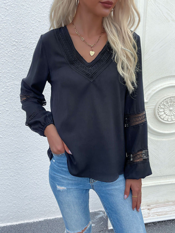 Women's woven V-neck stitching hollow lace shirt