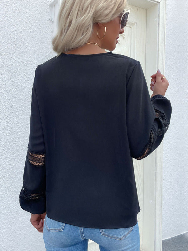 Women's woven V-neck stitching hollow lace shirt