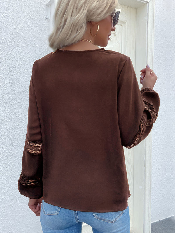 Women's woven V-neck stitching hollow lace shirt