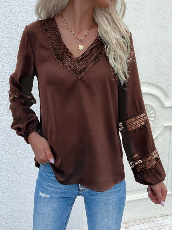 Women's woven V-neck stitching hollow lace shirt