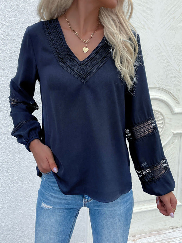 Women's woven V-neck stitching hollow lace shirt