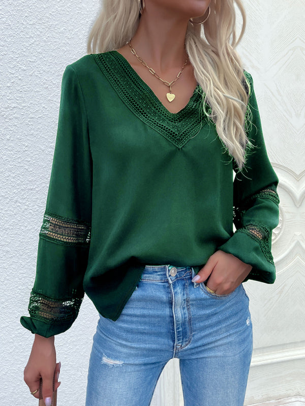 Women's woven V-neck stitching hollow lace shirt