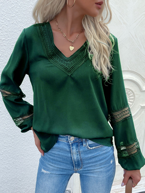 Women's woven V-neck stitching hollow lace shirt