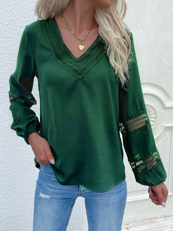 Women's woven V-neck stitching hollow lace shirt