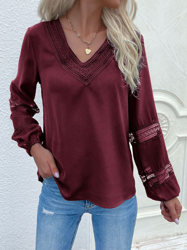 Women's woven V-neck stitching hollow lace shirt