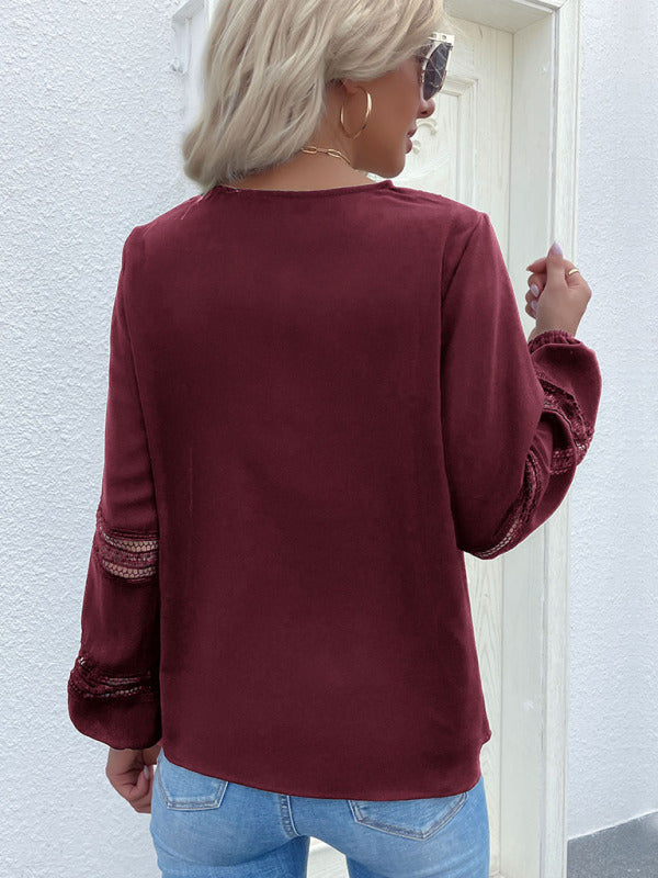 Women's woven V-neck stitching hollow lace shirt