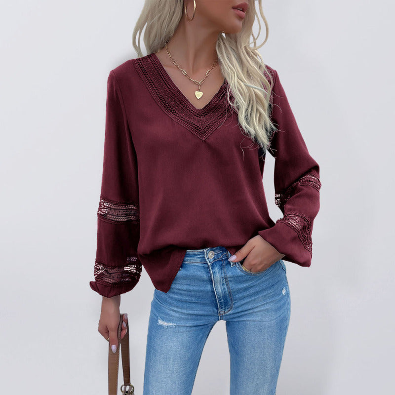 Women's woven V-neck stitching hollow lace shirt