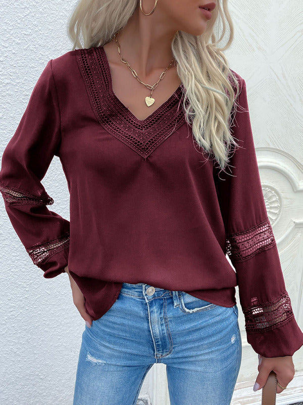 Women's woven V-neck stitching hollow lace shirt