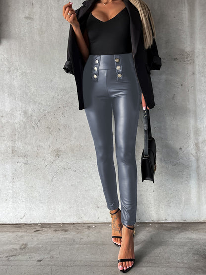 Women's solid color button-down skinny casual leather pants