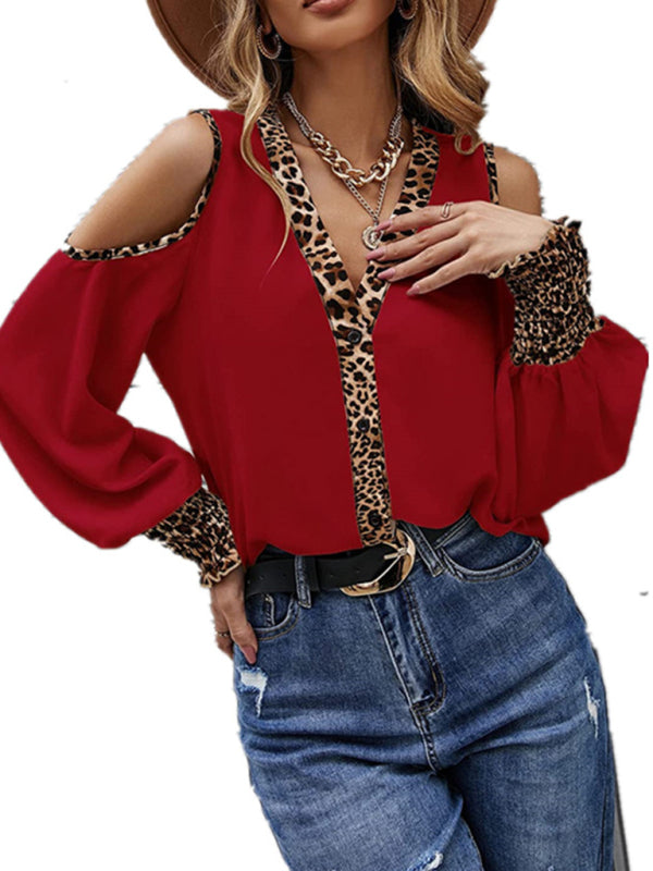 Leopard print stitching V-neck button off-the-shoulder long-sleeved top
