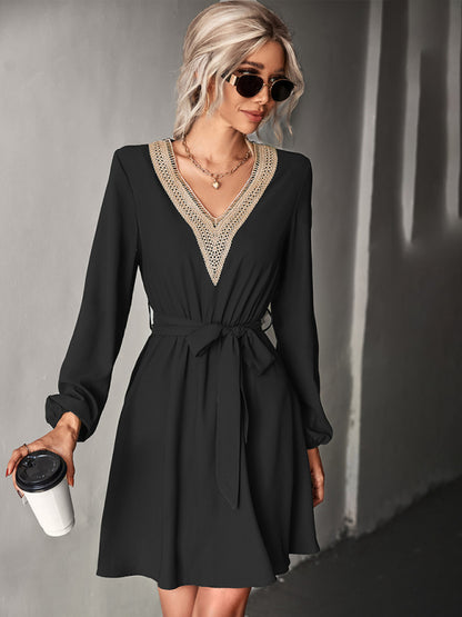 Elegant Fashion V Neck Lace Long Sleeve Slim Classic Dress