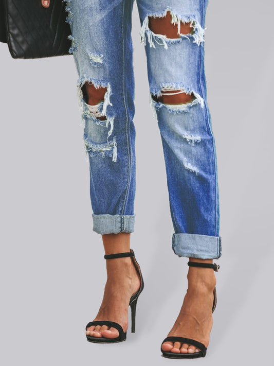 New casual washed ripped straight leg street style jeans