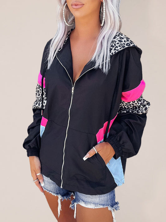 Women's Casual Colorblock Stitching Leopard Print Hooded Jacket