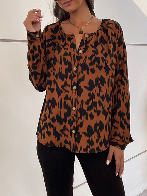 Women's Woven Leopard Print Casual Cardigan Long-sleeved Shirt
