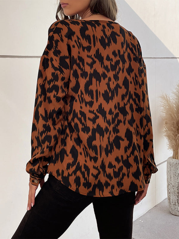 Women's Woven Leopard Print Casual Cardigan Long-sleeved Shirt