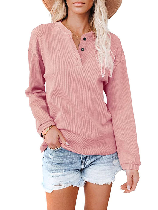 Women's Clothes Amazon Hot Style V-neck Solid Color Long-sleeved Top T-Shirt Women