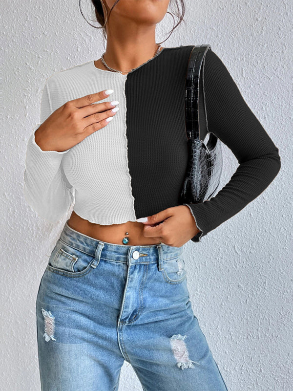 Women's Casual Colorblock Waffle Shorts Long Sleeve T-Shirt