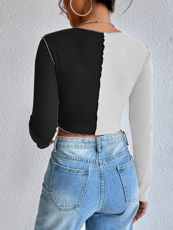 Women's Casual Colorblock Waffle Shorts Long Sleeve T-Shirt