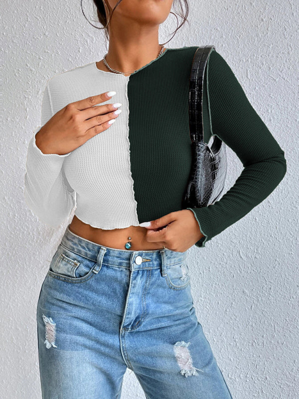 Women's Casual Colorblock Waffle Shorts Long Sleeve T-Shirt
