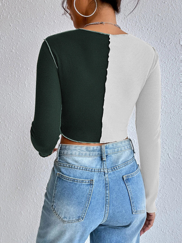 Women's Casual Colorblock Waffle Shorts Long Sleeve T-Shirt