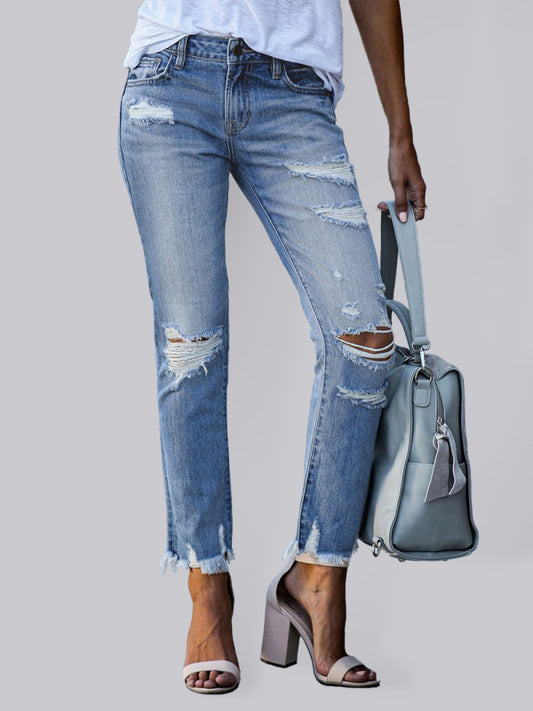 Raw edge ripped slim fit slim jeans women's straight leg cropped pants