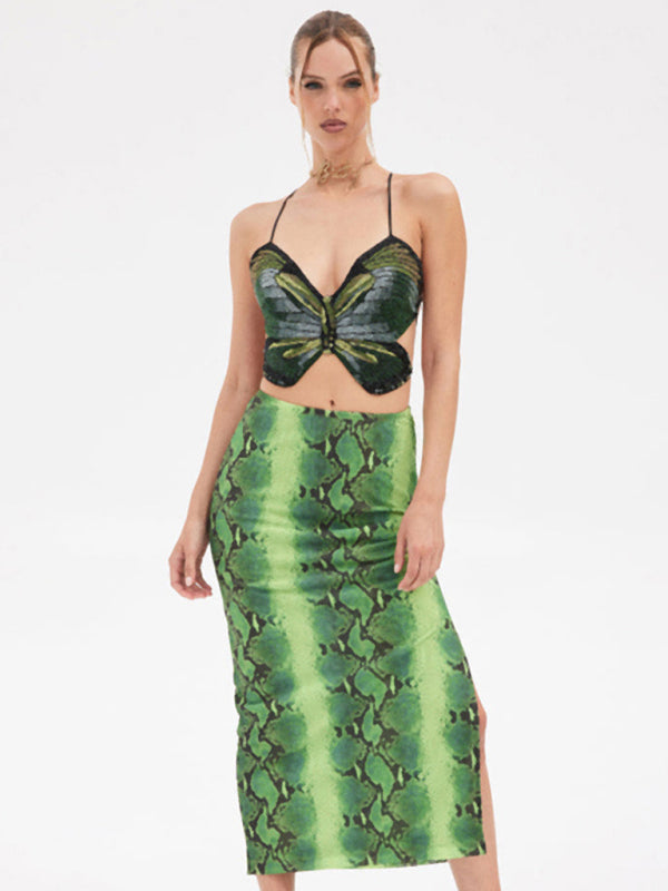 Women's halter neck tie printed butterfly tank top
