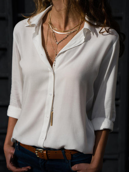 Ladies Long Sleeve Deep V Button Chiffon Shirt