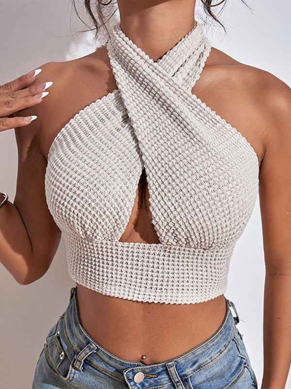 Women's Knitted Sexy Backless Waffle Halter Vest