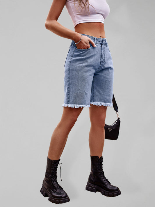 New all-match raw edge straight denim cropped pants casual shorts