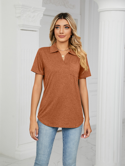 Women's solid color short-sleeved lapel pocket loose polo t-shirt