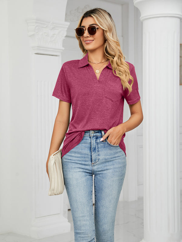 Women's solid color short-sleeved lapel pocket loose polo t-shirt