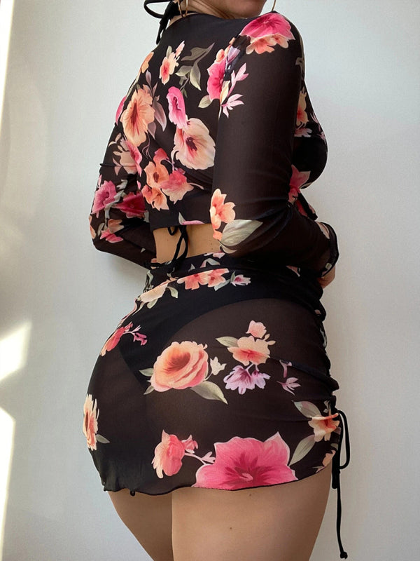 Women's Printed Drawstring Long-Sleeve Blouse Bikini Four-Piece Set