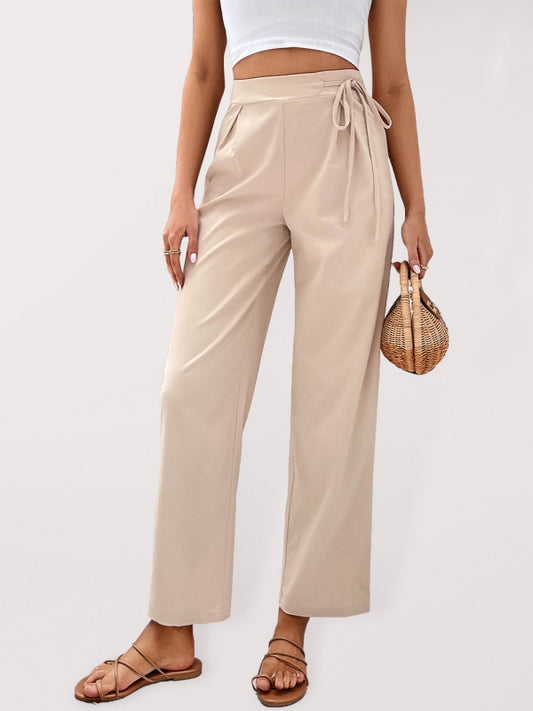 Women's woven high-waisted solid-color commuter-style cropped tie-up straight-leg pants