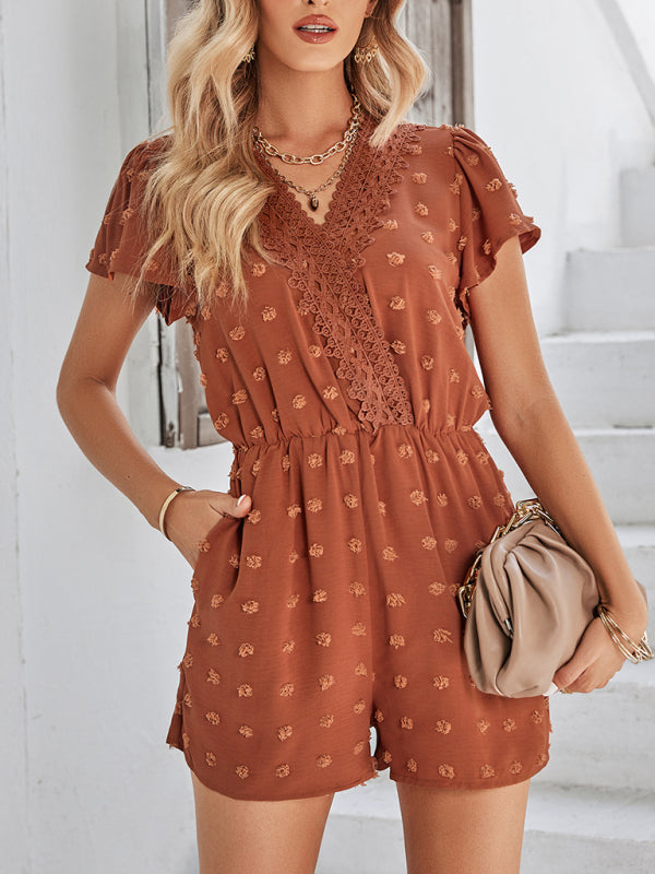 Women's solid color V-neck chiffon jacquard short-sleeved rompers