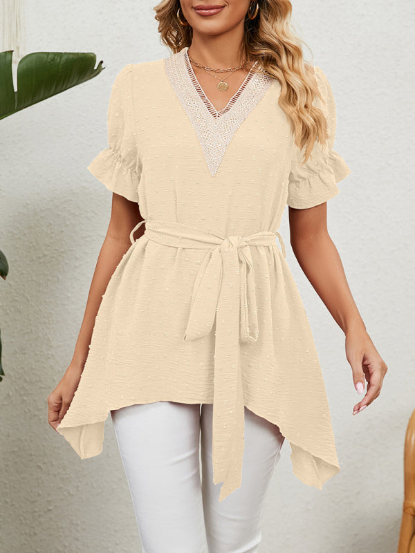 Women's Woven Jacquard V-Neck Loose Tie Chiffon Short Sleeve Top
